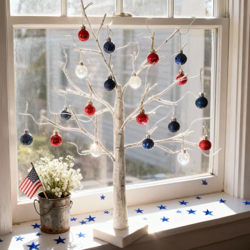 HipTree 2-Pack Lighted Patriotic Christmas Fall Halloween Tree Decorations Indoor, 2ft Birch Tree with LED Lights, Small Tabletop Easter Valentines Day Mothers Day Tree with Lights,Battery- Powered