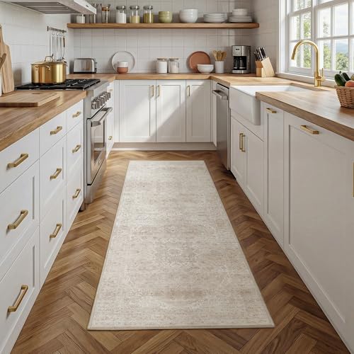 FMFUNCTEX 2x6 Hallway Runner Rug Beige Vintage Neutral Washable Distressed Non Slip Low Pile Indoor Carpet Soft Retro Entryway Rug for Kitchen Bathroom Laundry Entrance Living Room Bedroom Bedside