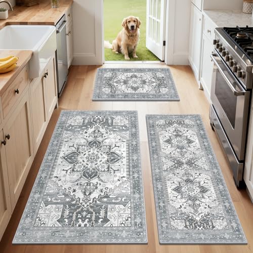 Washable Kitchen Runner Rugs Set of 2 with Non Slip Rubber Backing