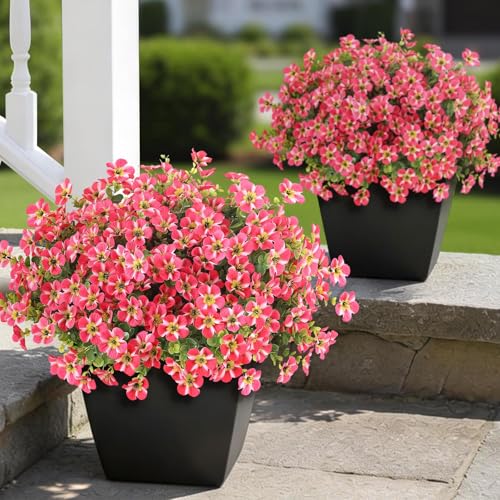 VIERENA 12 Bundles Artificial Flowers and Eucalyptus for Outside, Sun Resistant Silk Fake Morning Glory with Faux Eucalyptus Plants for Garden Porch Farmhouse Home Spring Summer Decor (Rose Red)