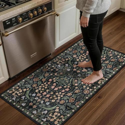 2x4 Washable Runner Rug Black Boho Floral for Hallway Kitchen Bedroom