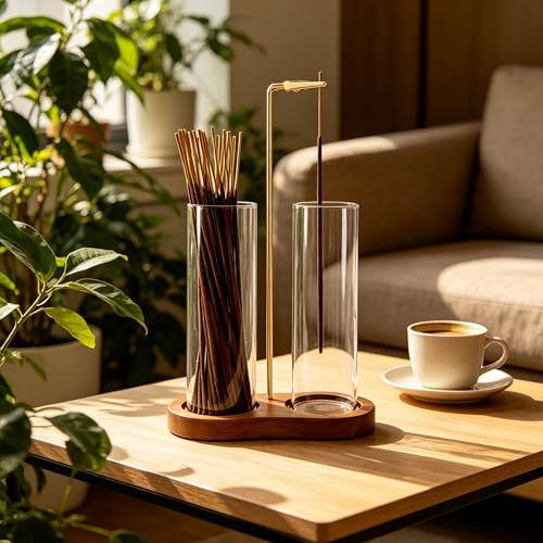 Incense Holder, Hang Upside Down Incense Sticks Burner Holder Storage with Glass Ash Catcher,Ideal Gift (Brown)