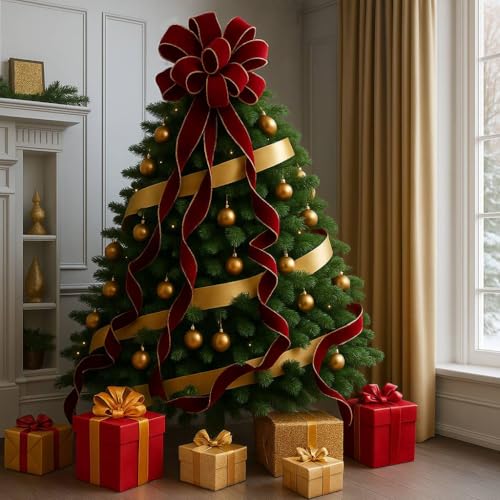 Red Wine Velvet Christmas Tree Topper Bow 11" with 4 Ribbon Streamers x 3 Yards Long Each for Holidy Elegant Fancy Home Décor Indoor