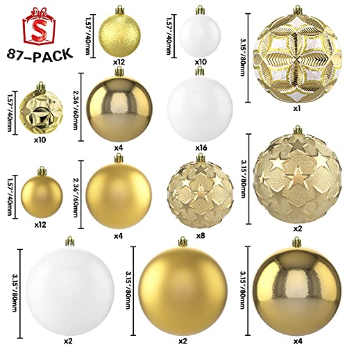 87ct Christmas Ball Ornaments Set Shatterproof Seasonal Hanging Decorations with Reusable Hand-held Gift Package for Xmas Tree Holiday Party and Home Decor, Gold