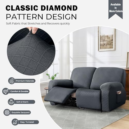 vctops Diamond Recliner Loveseat Slipcover 6-Pieces Stretch Dual Recliner Sofa Covers for 2 Seat Dual Reclining Loveseat Couch Soft Solid Furniture Protector (Grey,2 Seat)