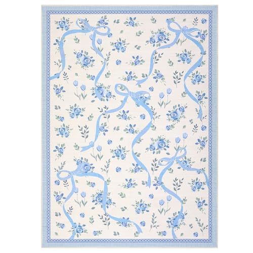 GarveeHome Floral Bow Rugs for Bedroom Girls, 5x7 Area Rugs for Living Room with Soft Low Pile, Non Slip Blue and White Washable Rug 5x7 for Nursery Kids Playroom Dining Room College Dorm Rug
