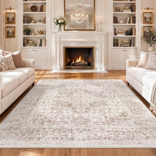 8x8 Square Washable Area Rug: Large Soft Indoor Living Room Rug Ivory Beige
