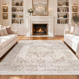 8x8 Square Washable Area Rug: Large Soft Indoor Living Room Rug Ivory Beige