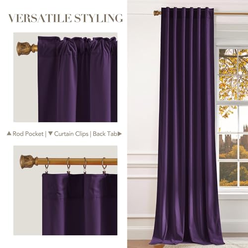 NICETOWN Purple Room Darkening Velvet Curtains, 84 inch Long, Living Room Back Tab & Rod Pocket Window Treatment Drapes Farmhouse for Theater, Set of 2, 52" Width