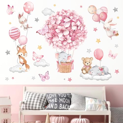 decalmile Animals Hot Air Balloon Wall Decals Flowers Balloons Elephant Bear Wall Stickers Baby Nursery Girls Bedroom Toddler Room Wall Decor