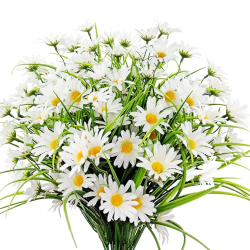 4 Bundles Artificial Silk Daisy Flowers Fake Daisies Plastics Plants Flower Faux Wildflowers Outdoor UV Resistant for Home Decor Indoor Outside Porch Patio Garden Planters Decoration (White)