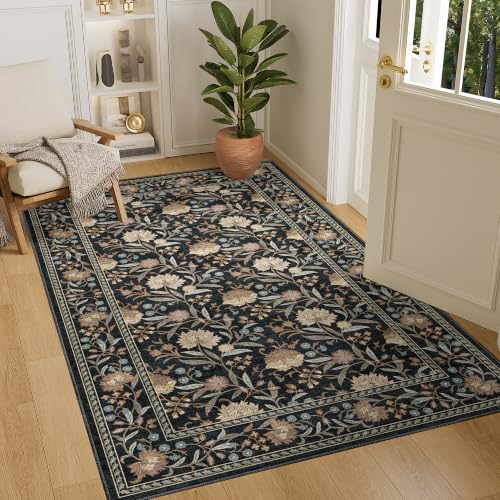 4x6 Area Rug, Washable Vintage Floral Rug for Living Room, Black