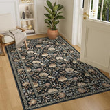 4x6 Area Rug, Washable Vintage Floral Rug for Living Room, Black