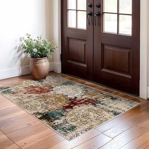 Washable 3x5 Area Rugs - Abstract Living Room Rus Low Pile Area Rug for Bedroom Soft Water Resistant Non Slip Modern Floor Area Rugs for Entry Dinning Room 3x5 Red Green Multi