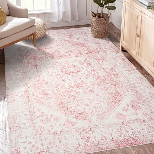Sofrug 5x7 Washable Pink Area Rug, Upgraded Denser Surface Vintage Rugs, Honeycomb Non-Slip Backing Living Room Rug, Easy Care Foldable Rugs for Living Room Bedroom Kitchen Dinning Room Home Office