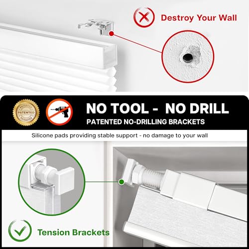 LazBlinds Cordless Cellular Shades, No Tools No Drill Blackout Honeycomb Shades Pleated Blinds for Windows, 35'' W x 48'' H, Silver White