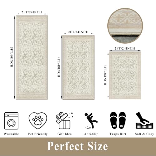 Kitchen Rug Sets 3 Piece, Washable Non-Slip Farmhouse Kitchen Mats for Hardwood Floor, Rustic Floral Boho Runner Rug for Sink,Entryway & Hallway & Bathroom (Beige/Floral,2x3-2x4-2x5)