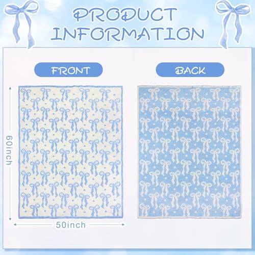 Buryeah Blue Bow Blanket Soft Microfiber Double Sided Bow Throw Blanket 50"x 60" Coquette Aesthetic Plush Bedding Stuff Sofa Chair Dormitory Preppy Room Decor for Women, Wedding Bridesmaid Gifts, Mom