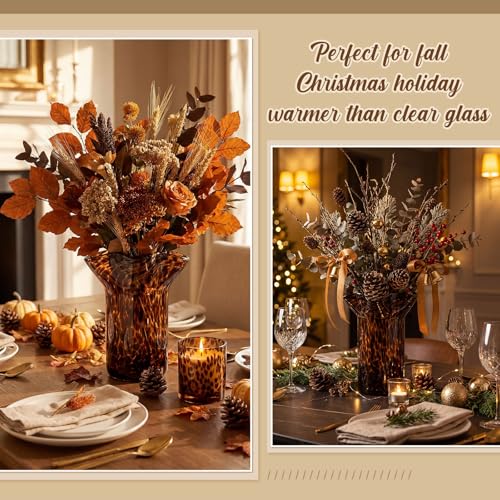 SiliFine 1 Pack Retro Tortoise Glass Shell Vase with Ruffle Rim, Amber Tortoiseshell Pattern Decorative Vase for Home & Office (9")