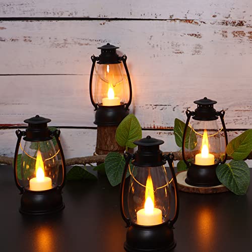 12Pcs Mini Lantern for Cowboy Halloween Christmas Wedding, Black 6" Candle Lantern with Flickering LED for Camping Western Party Decorations, Table Centerpiece, Hanging Lamp Ornaments Bulk