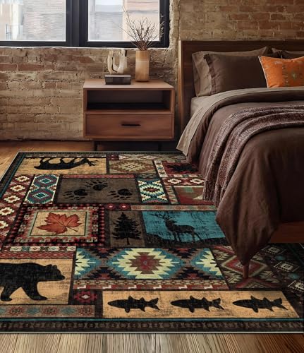 YIHOUSE Rustic Cabin Area Rug 5x7,Machine Washable Lodge Bear Rug,Non-Slip Low Pile Print Pattern Southwestern Rug for Living Room Bedroom