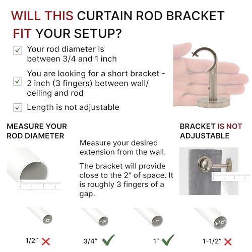 Heavy Duty Curtain Rod Brackets for Wall & Ceiling Installation, 2 Pack Ceiling Mount Curtain Holders, Hardware Bracket Set for 1 Inch Rods, Brushed Nickel
