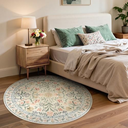Lahome 6ft Beige Round Rug, Cream Floral Circle Babay Girls Bedroom Rug