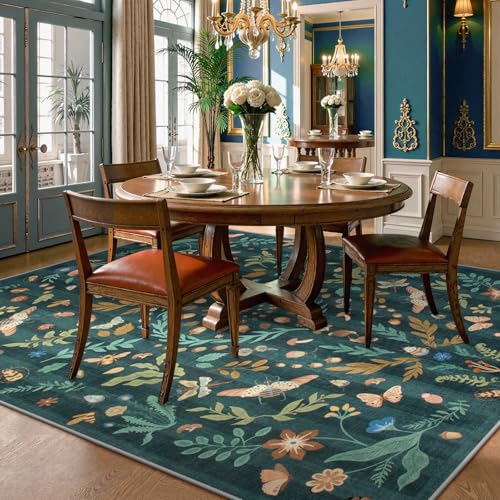 Lahome Washable Insect Botanical 8x10 Area Rugs for Living Room - Machine Washable Non-Slip Dark Green Nursery Rug, Boho Low Profile Soft Faux Wool Carpet for Bedroom Laundry Playroom Dining Room
