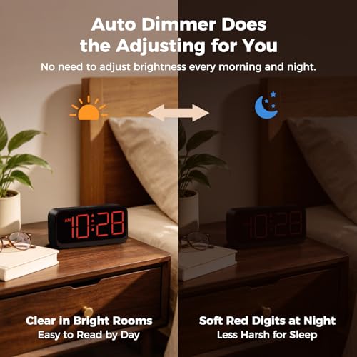 Acedeck Battery Operated Alarm Clock for Bedroom Travel: Cordless Compact Large Display Digital Clock with Auto Dimming - 4 Dimmers Easy to Use for Adults Seniors Red Digits