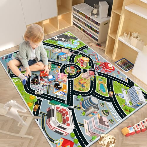 Kids Car Rug, Carpet Playmat for Toy Cars and Train, Road Traffic Play Mat for Kids, Play Area Rug with Non-Slip Backing, Ideal Gift for Children's Room playroom(2.6×3.9ft/31×47in)
