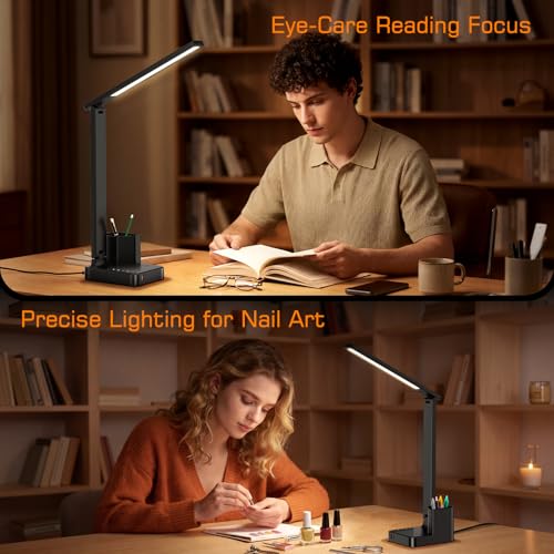LED Desk Lamps for Home Office, Modern Dimmable Eye Cariing Desk Light with USB Charging Ports AC Outlet, Pen Holder,Touch/Memory/Timer, Kids Small Table Lamp for Reading, Bedroom, Study, Craft