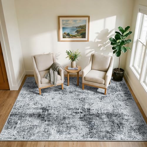 5x6 Machine Washable Area Rug：Non Slip Stain Resistant Low Pile Carpet - Soft Warm Comfortable Accent Rugs for Living Room Bedroom Entryway Dining Room Farmhouse Decor Black Grey