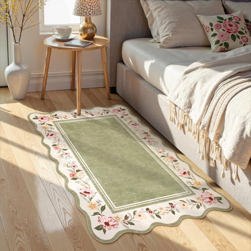 Lahome Floral 2x3 Rug, Green Kitchen Rugs Ultra-Thin Washable Indoor Mats for Entryway Non-Slip, Boho Scalloped Stain Resistant Small Throw Rugs for Bathroom Bedroom Ariele（Green）