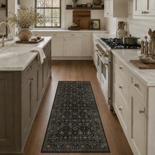 2x5 Black Gold Vintage Floral Low Pile Non Slip Washable Runner Rug