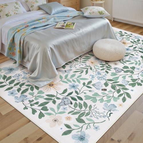 Lahome 5x7 Light Blue Rugs for Girls Bedroom, Boho Washable Floral Rug