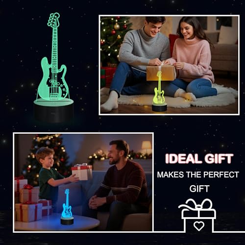 YuanDian Guitar Night Light, Electric Bass Guitar 3D LED Illusion Lamp, 16 Colors USB Powered & Battery Powered Touch Control with Remote, Creative Gifts for Teen Bass Player Music Lovers