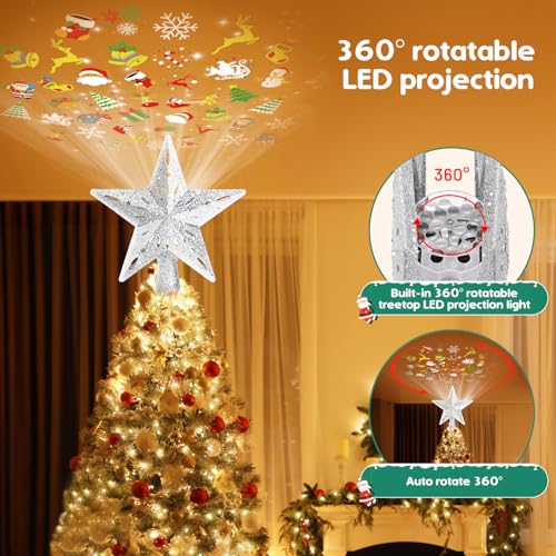 Mrrihand Christmas Tree Topper Lighted with 6 Projection Modes, Christmas Star Tree Topper Built-in LED Rotating Lights, Silver 3D Glitter Dynamic Projection for Christmas Tree Decorations