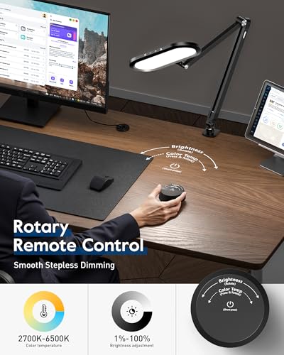LED Desk Lamp for Home Office, Eye-Care Dual-Side Desk Light with Clamp and Stepless Knob Remote, 50 Lighting Modes, Memory, Adjustable Arm Clamp on Light for Video Conference, Zoom Call, Study