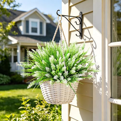 AmyHomie Artificial Plants & Flowers for Outdoors – 16 Bundles White Fake Lavender Flowers & Monkey Grass, UV Resistant Faux Greenery for Patio, Porch, Planter, Garden and Window Decor