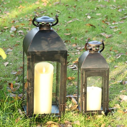 NEEDOMO Lanterns Decorative Indoor&Outdoor, 20''/16''H Set of 2 Outdoor Lanterns for Porch,Metal Frame Candle Holders Hanging Lights with Glass, Spring, Fall, Christmas