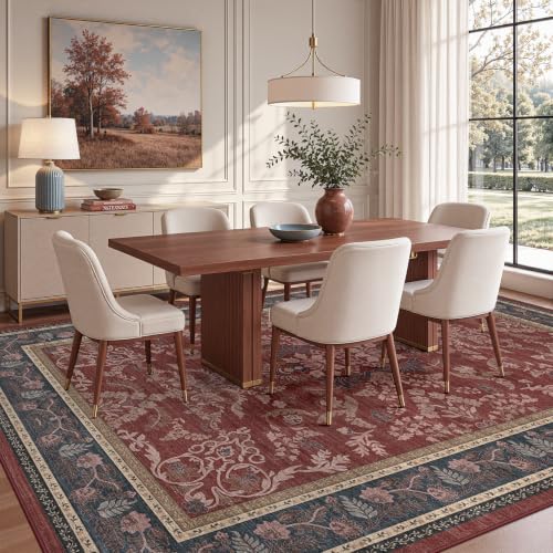 DCX 6x9 Washable Rug for Living Room, Blue and Burgundy Botanical Rug