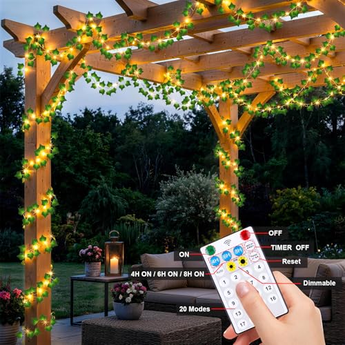 OMIKA 66FT 200LED Vine Fairy Lights Solar Powered, 19 Modes & Timer Ivy String Lights with Remote, Green Leaf Lights for Indoor Bedroom Classroom Office Wall Garden Party Wedding Decor (Warm White)