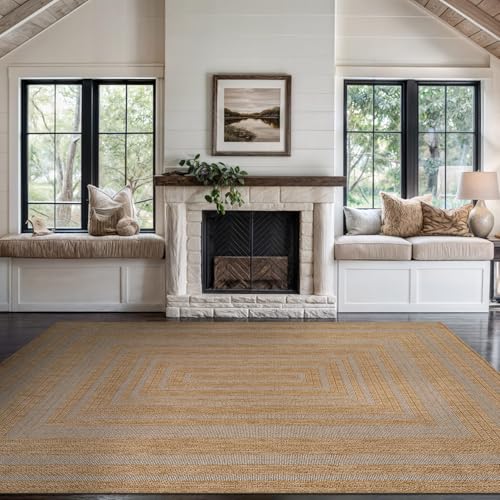 Beverly Rug Easy Jute Framed Border Rug 10x14 Washable Large Indoor Outdoor Area Rugs for Living Dining Room Patio Office Stain Resistant Non Shedding Casual Indoor Outside Carpet 10 x 14 Natural