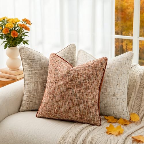 a moment Rust Orange Reversible Pillow Covers 2 Pack - Farmhouse Chenille Throw Pillows, Neutral Textured Decorative Throw Pillow Covers with Border for Couch Sofa Bed (18x18 Inch, No Insert)