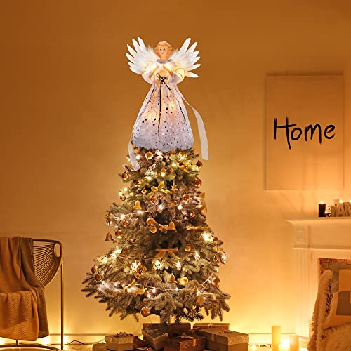 PEEKI Christmas Tree Topper, 12" Angel Treetop with Lights and Remote Control Timer, Christmas Tree Decoration for Holiday Ornament and Home Decor, Ivory and Sliver