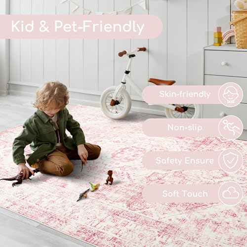 Sofrug 5x7 Washable Pink Area Rug, Upgraded Denser Surface Vintage Rugs, Honeycomb Non-Slip Backing Living Room Rug, Easy Care Foldable Rugs for Living Room Bedroom Kitchen Dinning Room Home Office