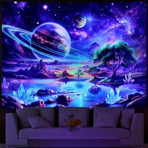 Lahasbja Blacklight Galaxy Space Tapestry UV Reactive Planet Wall Hanging Magical Trees Tapestries Cosmic Mountain Landscape Wall Decor Aesthetic Starry Night Backdrop for Bedroom
