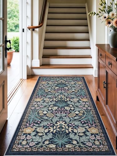 3x6 Washable Non-Slip Entryway Rug: Floral Indoor Runner Rugs Floor Carpet for Hallways Kitchen Bedroom Laundry Bathroom Beside Bed - Stain & Fade Resistant, Boho Botanical Design 3x6 Blue