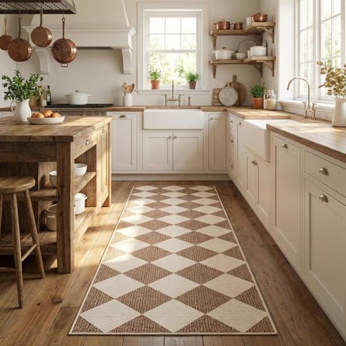 GarveeHome Checkered Hallway Runner Rug 2.5x8 Brown Kitchen Rug Non Slip