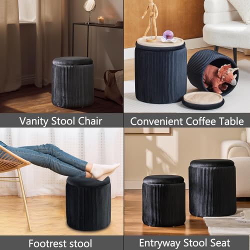 Round Storage Ottoman, Set of 2, Velvet Vanity Stool, Black